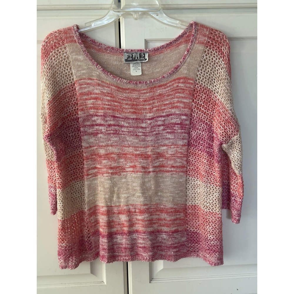 Two One Two New York Pink Tan Striped Open Knit Sweater Womens Medium 3/4 Sleeve